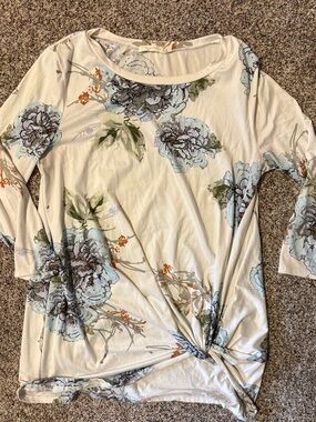 Reborn Cream Floral Twist-Knot Tunic with Pastel Blue Blooms